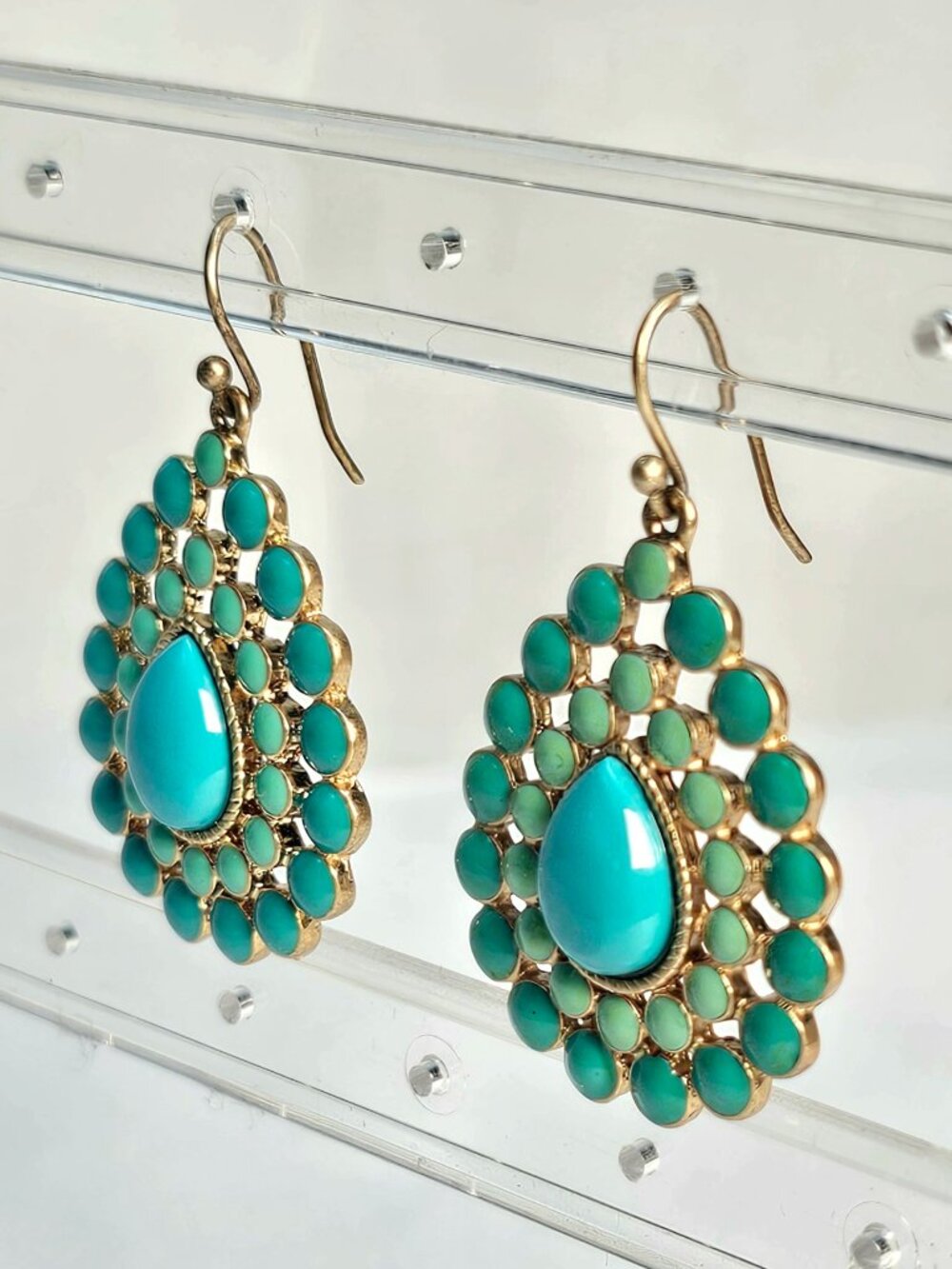 Turquoise Enamel Cabochon Drop Earrings Gold Tone Medallion Boho Statement - Picture 3 of 5